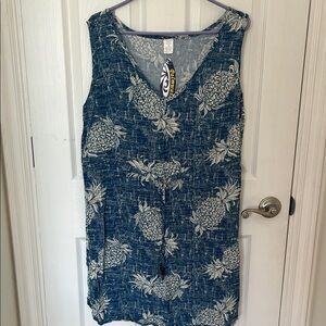 Sleeveless Pineapple Print V-Neck Tunic Top - Blue